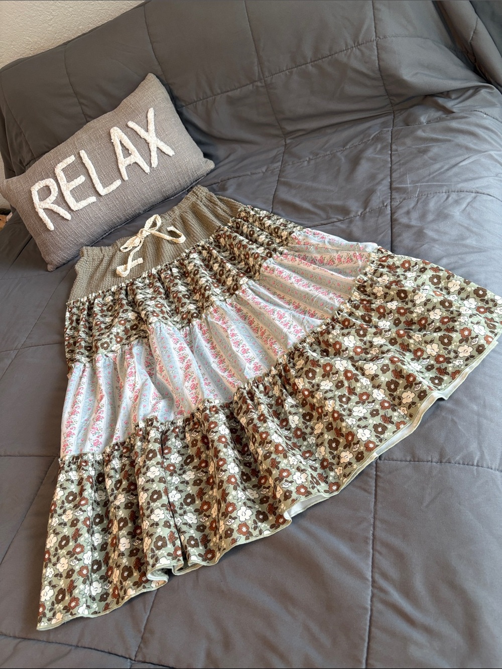 Bohemian Tiered Floral Midi Skirt - Olive & Pink Western NEW S Pol Boho Ditsy